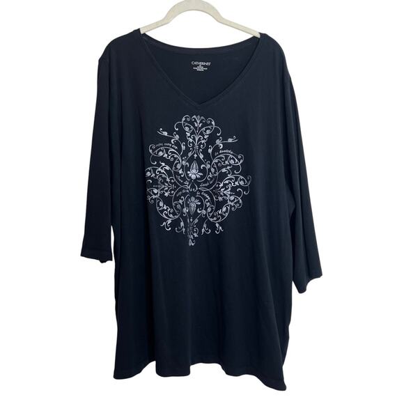 Catherines Womens V-Neck Top 2X Black Silver Foil Floral Script Cotton Tee - Picture 1 of 10